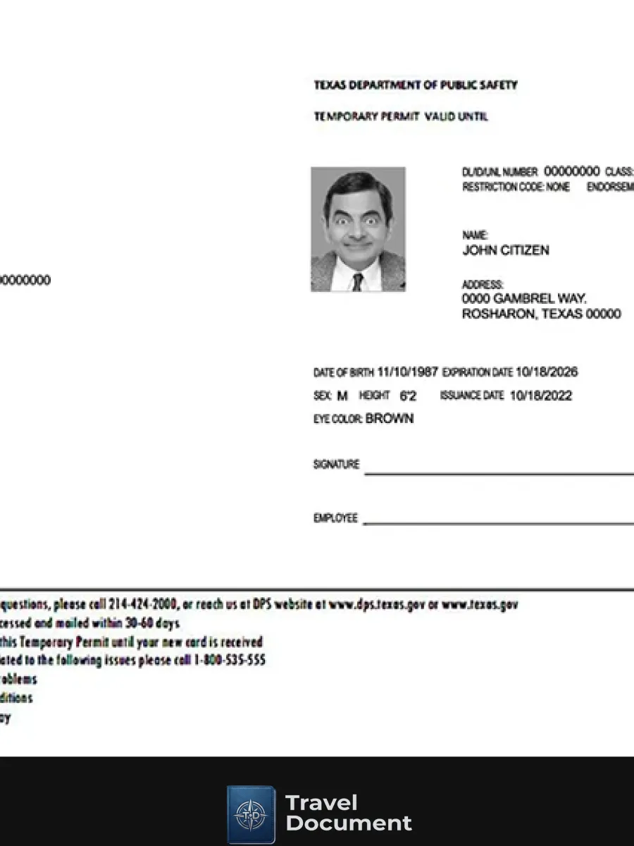 Usa Texas Temporary Permit — Driver License