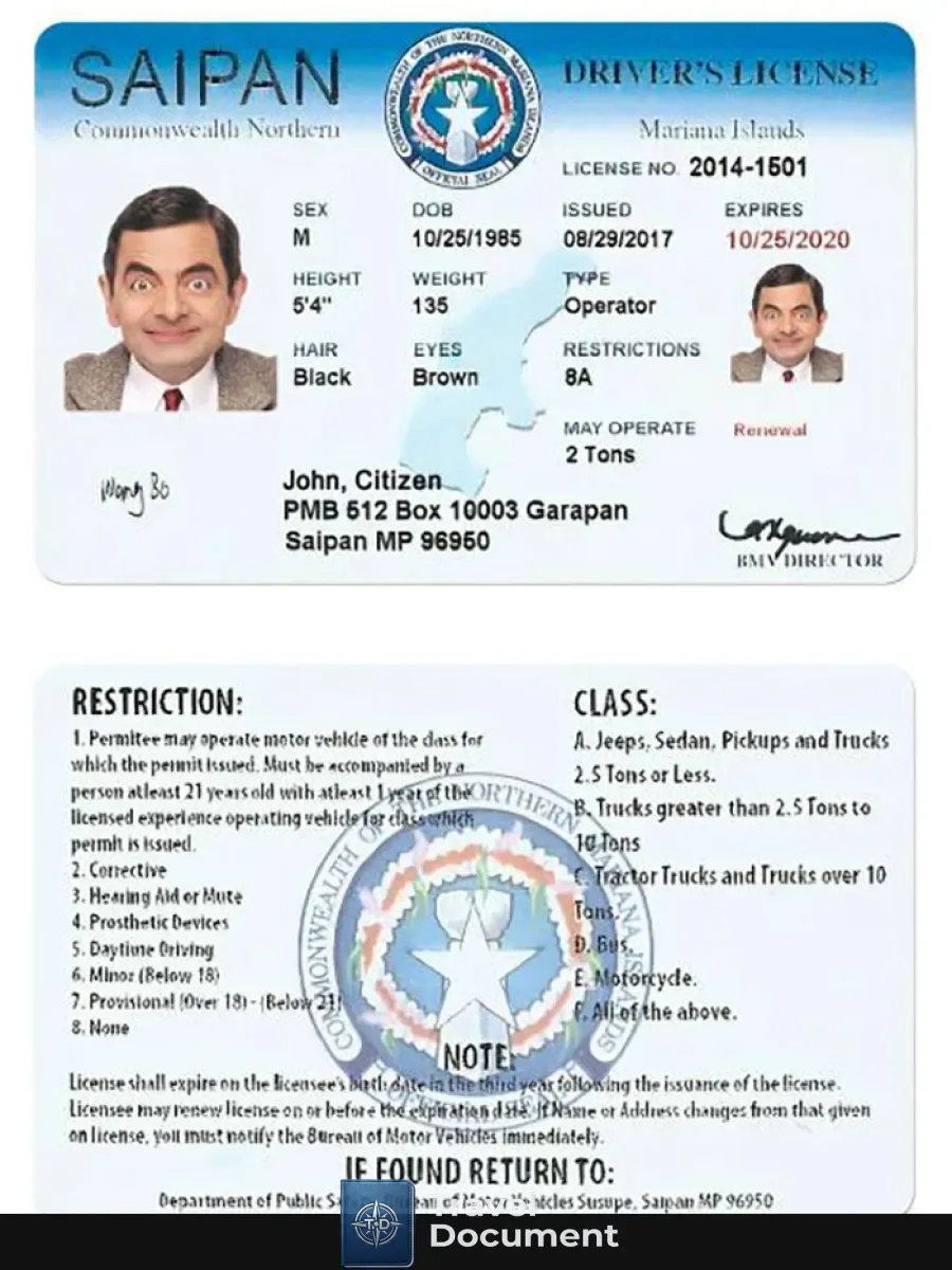 Northern Mariana Islands Saipan Driving License — Driver License
