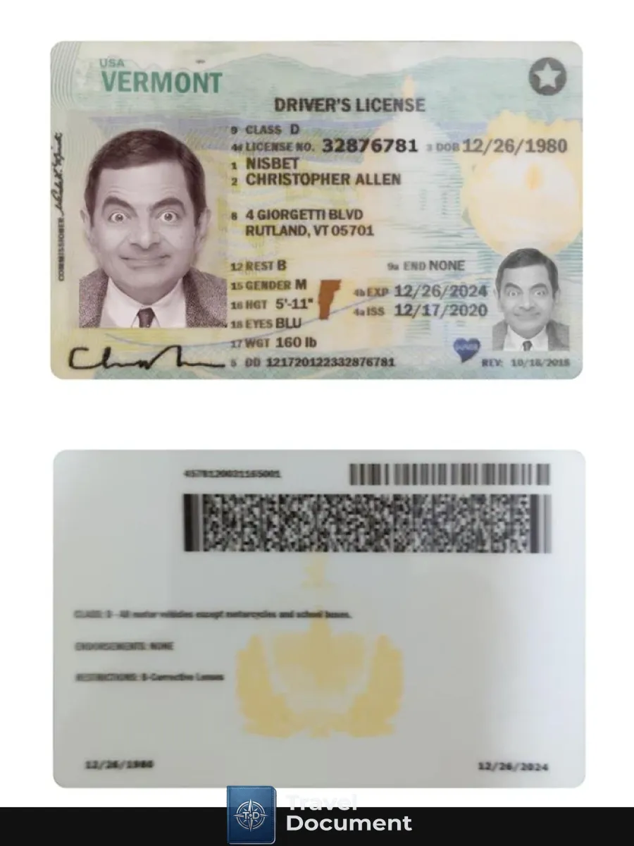 Usa Vermont Driving License 2020 Present — Driver License