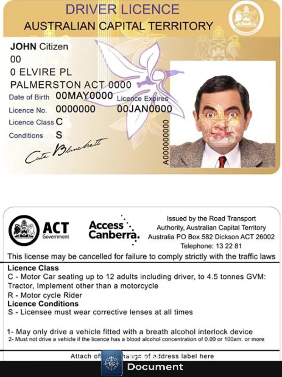 Australia Capital State Driving License — Driver License