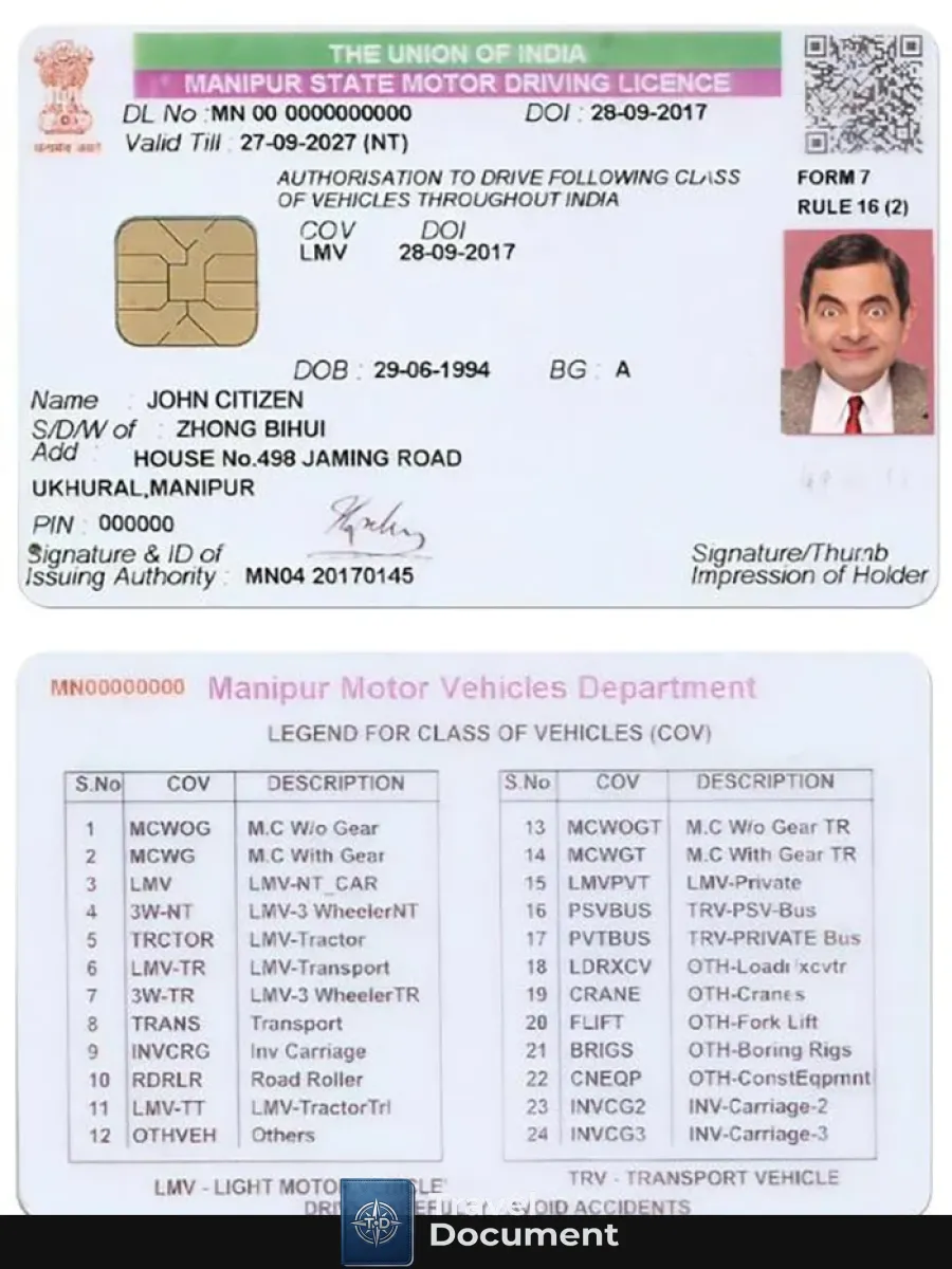 India Manipur State Driving License — Driver License
